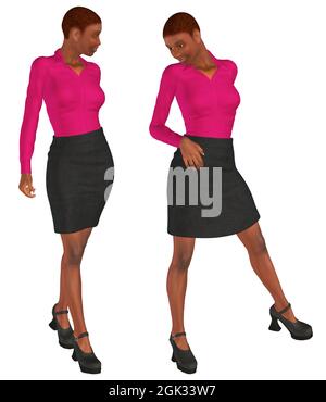 Digitale gerenderte schwarze Frau trägt rosa Bluse und dunklen Rock, 3d-Illustration. Stockfoto