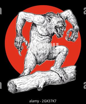 Werwolf brüllende Zeichnung. Fantasy Monster Illustration. Halloween-Vorlage. Stockfoto
