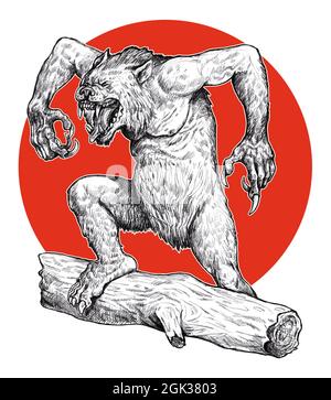 Werwolf brüllende Zeichnung. Fantasy Monster Illustration. Halloween-Vorlage. Stockfoto