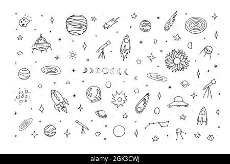 Space Doodle Set. Planet, Raketen, Sterne, Kometen, ufo, Auf weißem Hintergrund isolierte Sternbilder, Monde, Skizzieren Sie astronomische Objekte colle Stock Vektor