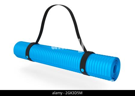 Blaue Yogamatte oder leichte Schaumstoff-Campingbett-Rollenauflage auf Weiß isoliert. Stockfoto