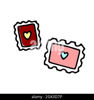 Doodle Briefmarke mit Herz. Handgezeichneter Umriss Brief isoliert auf weißem Hintergrund. Zeichen der Kommunikation, Nachricht, Mail, Valentinstag, Februar Stock Vektor