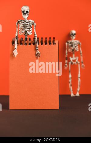 Leeres orangefarbenes Notizbuch auf orangefarbenem Hintergrund mit Skeletten. Minimalistisches, helles, festliches Design für die Halloween-Vorbereitung. Urlaubskarte. Kopieren Sie die Spase. Stockfoto