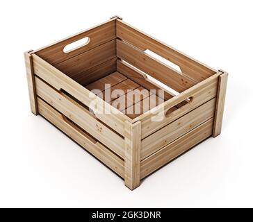 Holzkiste isoliert auf weißem Hintergrund. 3D-Illustration. Stockfoto