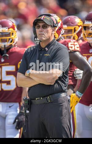 12. September 2021: Ron Rivera, Cheftrainer des Washington Football Teams, während des NFL-Spiels der regulären Saison zwischen den Los Angeles Chargers und dem Washington Football Team auf dem FedEx Field in Landover, Maryland Fotograf: Cory Royster Stockfoto