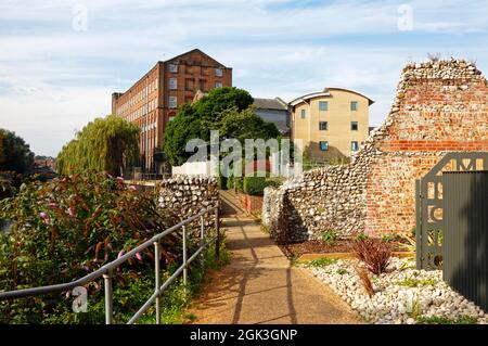 Der öffentliche Wanderweg auf der Nordseite des Flusses Wensum nähert sich der St James Mill in der Stadt Norwich, Norfolk, England, Vereinigtes Königreich. Stockfoto