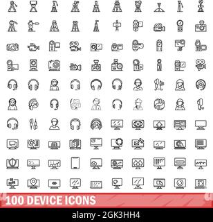 100 Gerätesymbole eingestellt. Skizzieren Sie die Darstellung von 100 Gerätesymbolen, die auf weißem Hintergrund isoliert sind Stock Vektor
