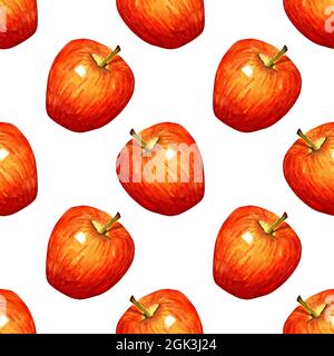 Aquarell Illustration Muster roter Apfel. Nahtloser, sich wiederholender Fruchtdruck. Bio-Früchte gesunde Ernährung. Landwirtschaftliche Produkte. Isoliert auf weißem Hintergrund. Stockfoto