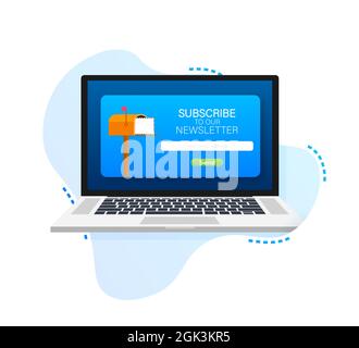 E-Mail-Anmeldung auf dem Laptop-Bildschirm, Online-Newsletter-Vektorvorlage mit Mailbox und Schaltfläche „Senden“. Vektorgrafik. Stock Vektor