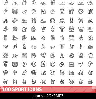 100 Sportsymbole eingestellt. Skizzieren Sie die Darstellung von 100 Vektorbildern für Sport, die isoliert auf weißem Hintergrund gesetzt wurden Stock Vektor