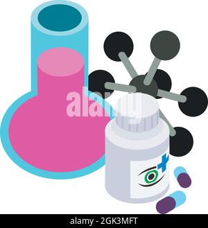 Isometrischer Vektor für pharmazeutische Symbole. Laborflasche, Kapsel, Pillenbehälter. Pharmazeutische Sehbehandlung, Pharmakologie, Gesundheitswesen Stock Vektor