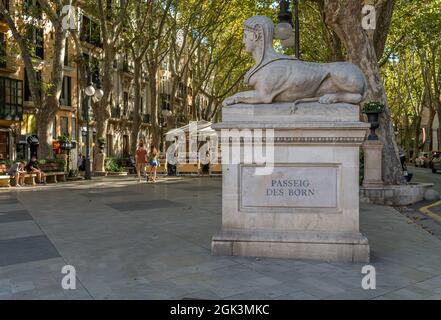 Palma de Mallorca, Spanien; 10 2021. september: Skulptur einer steinernen Sphinx und Plakette, die den Eingang zum Passeig del Borne ankündigt. Im Hintergrund Stockfoto