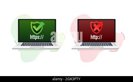 HTTP- und https-Protokolle auf Shield auf Laptop, auf weißem Hintergrund. Vektorgrafik. Stock Vektor