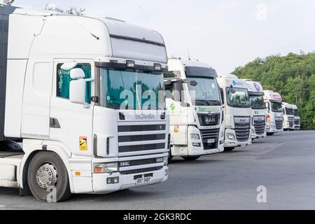 Europäische LKW-Lastwagen halten für eine Nacht in Kent England Stockfoto