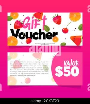 Geschenkgutschein, Einkaufsgutschein mit Sommerfrüchten, Beeren und Wert. Special Coupon, Promo-Karte Vorlage für Shop oder Café Rabatt, off, Sonderangebot Vector Mockup, doppelseitig bedruckbare Vorlage Stock Vektor