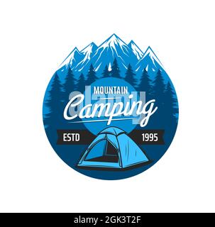 Mountain Camping Icon, Vektor-Emblem für Expedition, Wandern und Kletterclub. Zelt auf verschneiten Gipfeln Hintergrund mit steilen felsigen Hügeln. Rundes Etikett Stock Vektor