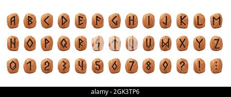 Rune-Alphabet auf Holztafeln mit eingravierten Buchstaben, Zahlen und zusätzlichen Symbolen. Vector Cartoon Satz von Holzknöpfen mit runischen Zeichen, Typografie Schriftart im skandinavischen Stil Stock Vektor