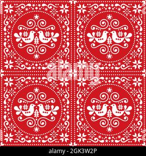 Christmas Folk Art Vektor nahtlose Muster mit Vögeln, Weihnachtsbäumen und Schneeflocken, skandinavischen Textil- oder Stoffdruck-Design in weiß auf rot Stock Vektor