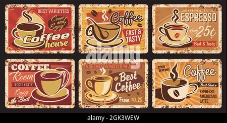 Vintage dampfender Kaffee rostige Teller. Kaffeehaus, Café heiße Getränke und Getränke vintage Vektor grungy Zinn Schilder, schäbige Metallplatten mit Rosttextur Stock Vektor