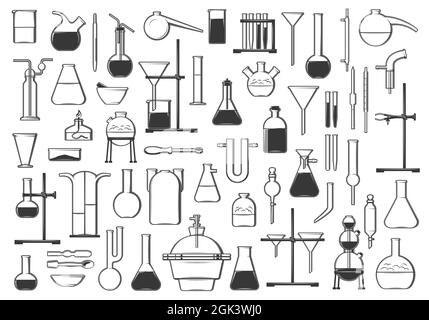 Reagenzgläser, Kolben, Retorte und Werkzeuge für chemische Tests. Symbole für Chemie, Biologie oder Pharmazie, Laborgeräte und Glaswaren. Alkoholbrenner, Spaß Stock Vektor