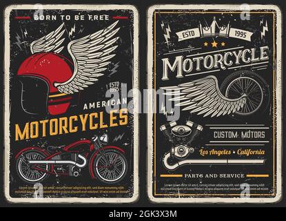 Vintage-Poster für Motorräder und Motorräder. Custom Motoren, Teile und Service vintage Vektorkarten für Biker Club. Retro Motorrad Garage, klassischer antiker Cho Stock Vektor
