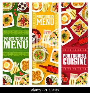 Portugiesische Küche Menü Vektor Banner von Fleisch, Meeresfrüchte und Gemüsegerichte, Desserts und Kirschlikör. Bohneneintopf, gesalzener Fisch, Pommes-Sandwich und Stock Vektor