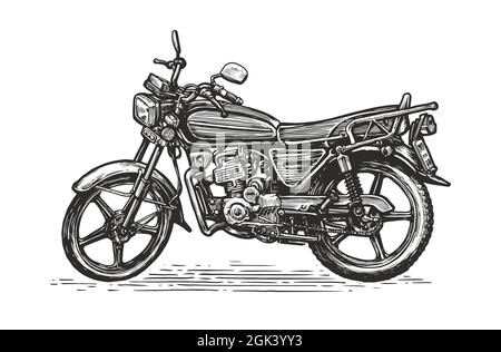 Motorrad isoliert auf weißem Hintergrund. Handgezeichnete Skizze eines Motorrads. Vektorgrafik Stock Vektor