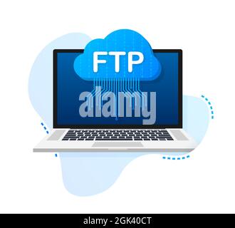 FTP-Dateiübertragungssymbol auf dem Laptop. FTP-Technologie-Symbol. Übertragen Sie Daten an den Server. Vektorgrafik. Stock Vektor