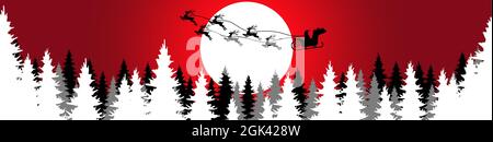 eps-Vektordatei zeigt eine Silhouette von Weihnachtsmann mit Schlitten und Rentier über einem Wald mit Vollmond, Hintergrund rot gefärbt Stock Vektor