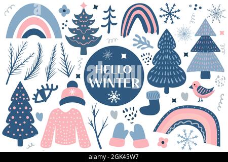 Hello Winter Boho Set-Elemente. Böhmische Winter Saison Kollektion Clip Art Hand Zeichnung Stil. Weihnachtsbaum und warme Kleidung, Schneeflocken. Vektor Stock Vektor