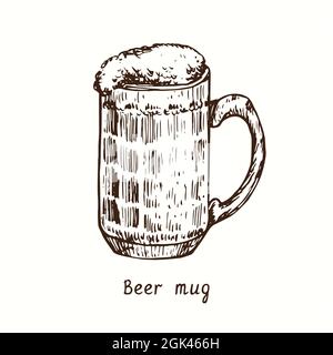 Bierkrug mit Grübchen. Tusche schwarz-weiße Doodle Zeichnung im Holzschnitt-Stil. Stockfoto