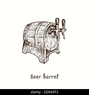 Bier Mini Barrel Seitenansicht mit Wasserhähnen. Tusche schwarz-weiße Doodle Zeichnung im Holzschnitt-Stil. Stockfoto