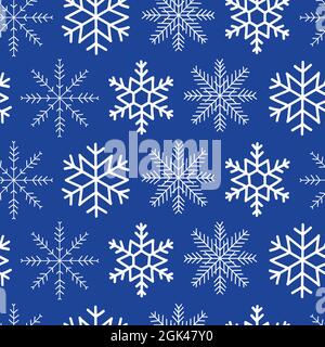 Nahtlose Vektor-Muster weißen Schneeflocken auf blauem Hintergrund. Wiederholen Weihnachten Winter Chanukka Dekoration. Abbildung Symbol für Winterelemente Stock Vektor