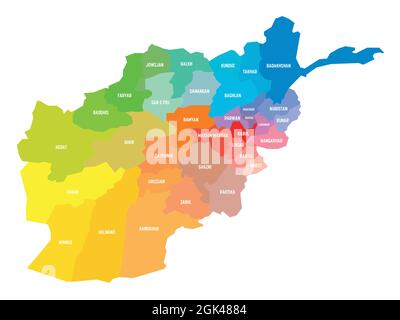 Bunte politische Landkarte von Afghanistan. Verwaltungsabteilungen - Provinzen. Einfache flache Vektorkarte mit Beschriftungen. Stock Vektor