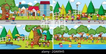Outdoor-Szene Set mit vielen Kindern Doodle Cartoon Figur Illustration Stock Vektor