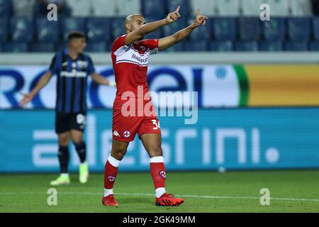 Bergamo, Italien. 11. September 2021. Sofyan Amrabat von AFC Fiorentina Gesten während der Serie Ein Spiel zwischen Atalanta BC und ACF Fiorentina . Stockfoto