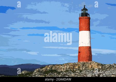 Abbildung eines Leuchtturms auf einer felsigen Insel gegen blauen Himmel Stockfoto