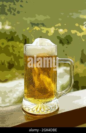 Illustration eines Bieres vom Fass auf dem Balkongeländer mit verschwommener Waldsicht im Hintergrund Stockfoto