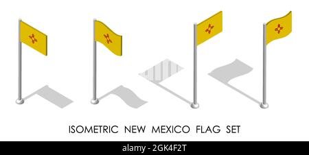 Isometrische Flagge des amerikanischen Staates New Mexico in statischer Position und in Bewegung auf Fahnenmast. 3d-Vektor Stock Vektor