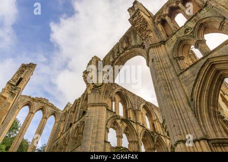 Nahaufnahme der Ruinen der Rievaulx Abbey, einer Zisterzienserabtei in Rievaulx in der Nähe von Helmsley im North York Moors National Park, England. Stockfoto