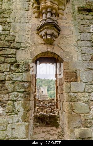 Nahaufnahme der Ruinen der Rievaulx Abbey, einer Zisterzienserabtei in Rievaulx in der Nähe von Helmsley im North York Moors National Park, England. Stockfoto