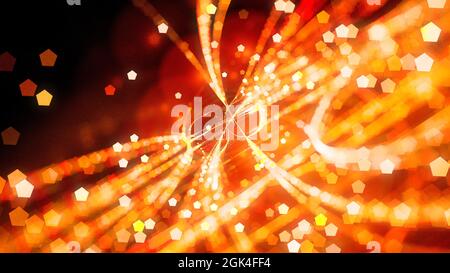 Feurig leuchtende Flugbahnen mit Partikeln, computergenerierter abstrakter Hintergrund, 3D-Rendering Stockfoto