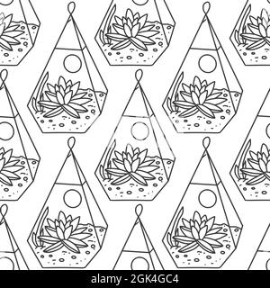 Nahtlose Sukkulente und Kakteen Pflanzen nahtlose Muster. Vektor tropische Illustration von Wüstenblumen im Terrarium. Handgezeichneter, liniengezogener Doodle-Naturdruck. Schwarz-Weiß-Kunst, Stock Vektor