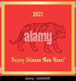 Happy Chinese 2022 Neujahrskarte, Tiger Vektor Tier Illustration. Roter orientalischer Gruß im Sternzeichen-Design. Stock Vektor