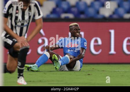 Napoli, Italien. September 2021. Victor Osimhen vom SSC Napoli reagiert während des Fußballspiels der Serie A 2021/2022 zwischen dem SSC Napoli und dem FC Juventus im Stadion Diego Armando Maradona in Napoli (Italien) am 11. September 2021. Foto Cesare Purini/Insidefoto Kredit: Insidefoto srl/Alamy Live News Stockfoto