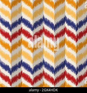 Nahtloses geometrisches Muster, basierend auf ikat-Stoffstil. Vektorgrafik. Teppich mit Chevron-Muster. Farbenfrohes Zick-Zack-Muster. Gelb, orange und rot Stock Vektor