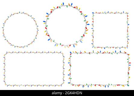 Set von Rahmen mit mehrfarbigen Weihnachtslichtern für Girlanden. Weihnachtskarten mit Lichtern und Girlanden dekorieren. Cartoon-Vektor isoliert auf weiß Stock Vektor