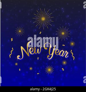 Happy New Year blauer Hintergrund mit Konfetti und Galaxie Vektor Stock Zeichen Illustration Stock Vektor