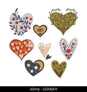 Cartoon Scandinavian Vector Heart Collection. Handgezeichnete Valentine, Tages-Symbol-Set mit Blumenform. Niedliche Kindertradwork. Stock Vektor