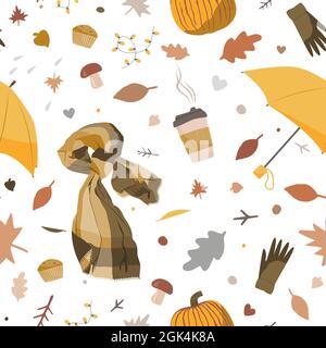 Niedliches, nahtloses Herbstmuster mit kuscheligem, handgezeichneten Schal, Kaffee, Regenschirm und herbstlichen Doodle-Elementen. Konzept des Hygge-Herbstes Stock Vektor
